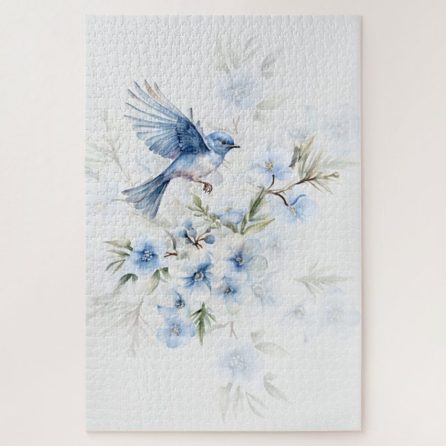 Puzzle Bel Atterrissage de Merlebleu sur des Fleurs Bleue (Vertical)