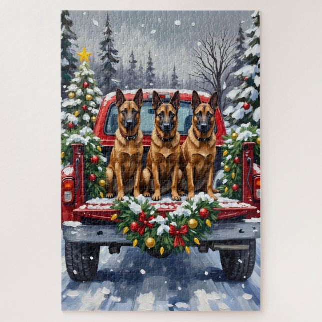 Puzzle Belgian Malinois Christmas Red Truck Holiday (Vertical)