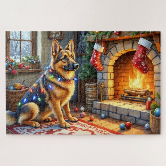 Puzzle Belgian Shepherd Fireplace with Christmas Lights (Horizontal)