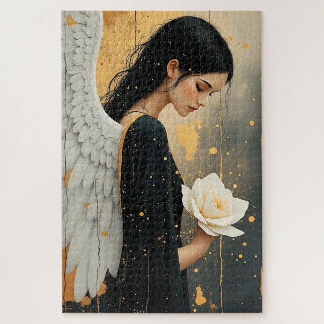 Puzzle Belle Ange Gothique et Rose Blanche Céleste  (Vertical)