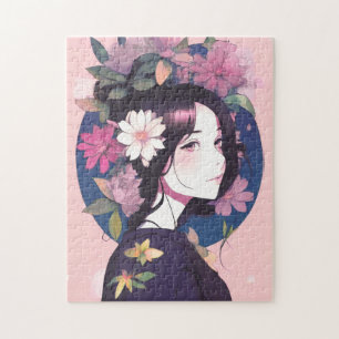Puzzle Belle Anime Girl couronnée de fleurs