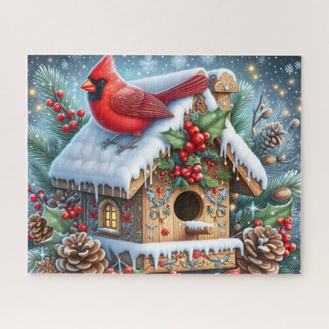 Puzzle Belle Cardinal à l'arrière-plan hivernal avec nich (Horizontal)