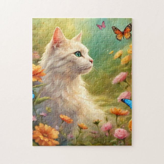 Puzzle Belle Chat Blanc dans un jardin 713 (Vertical)