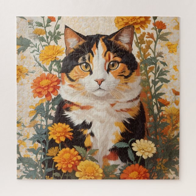 Puzzle Belle Chat Calico Avec Fleurs Marigold (Vertical)