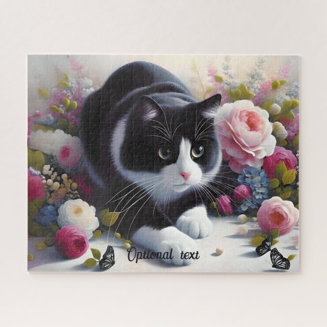 Puzzle Belle Chat et Fleurs Noir et Blanc (Horizontal)