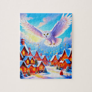 Puzzle Belle Chouette neigeuse survolant le village de No