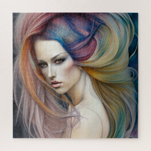 Puzzle Belle dame Pastel avec longue traînée de cheveux