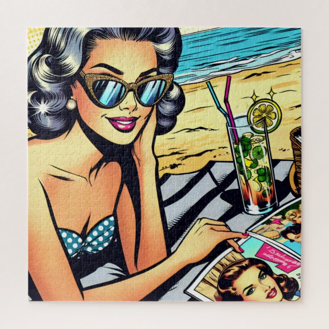 Puzzle Belle dame rétro à la plage avec Cocktail (Vertical)
