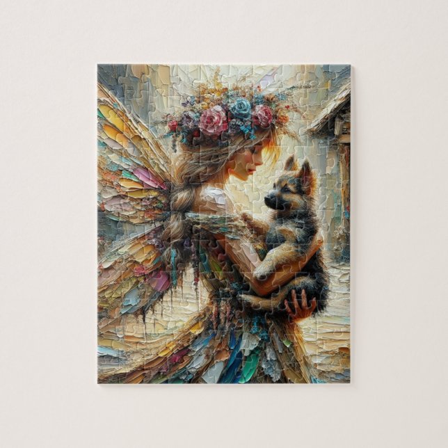 Puzzle Belle Fée Et Berger Allemand Chiot (Vertical)