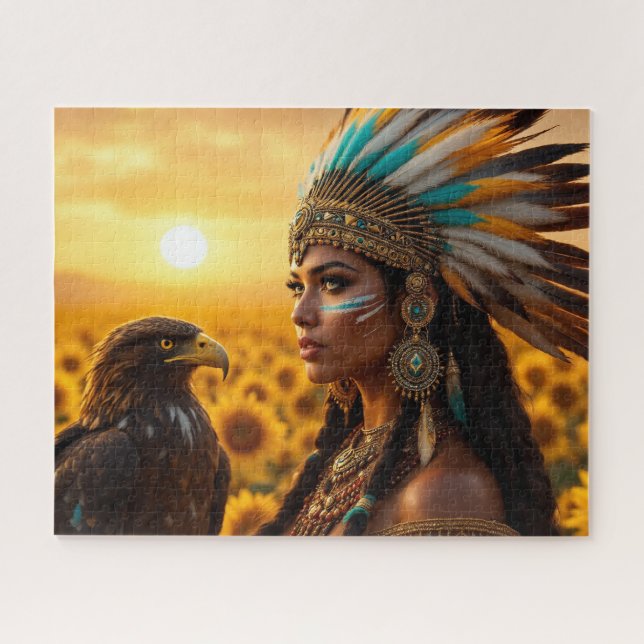Puzzle Belle femme amérindienne avec corbeau (Horizontal)