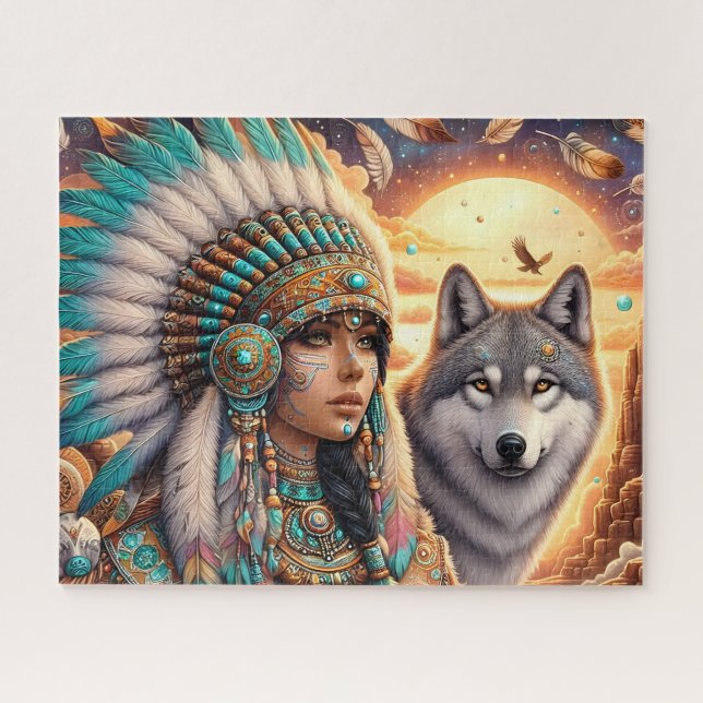 Puzzle Belle femme amérindienne avec loup (Horizontal)