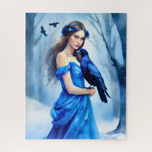 Puzzle Belle Femme au corbeau, dans une forêt de neige