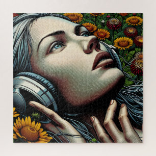 Puzzle Belle femme avec casque dans les tournesols