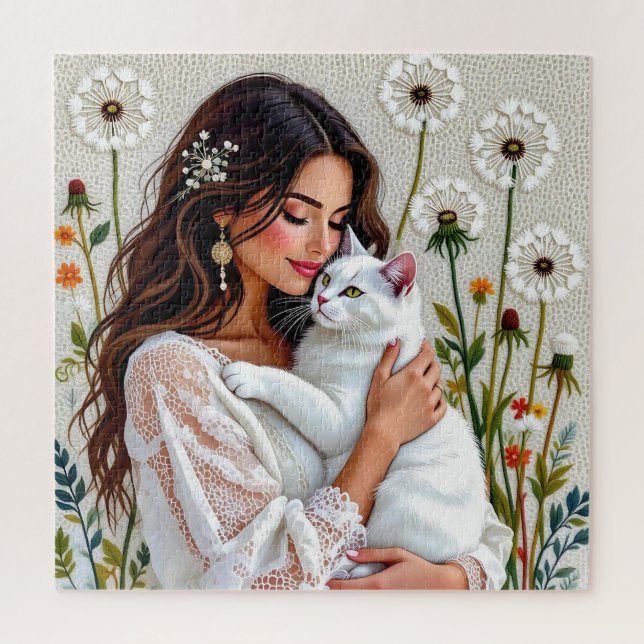 Puzzle Belle femme, chat et pissenlits (Vertical)