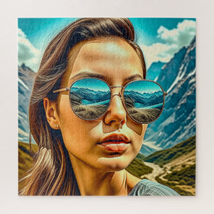 Puzzle Belle femme en lunettes de soleil Montagne Reflect