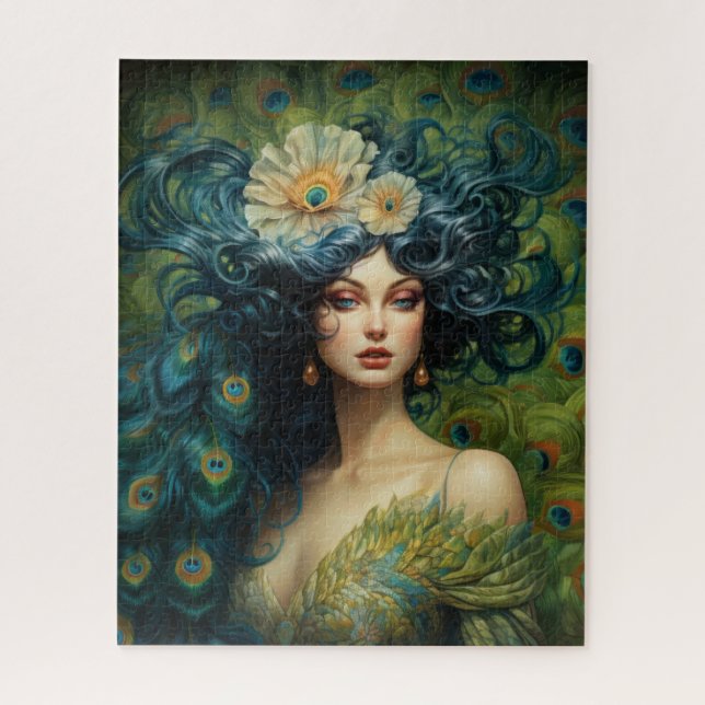 Puzzle Belle femme entourée de plumes de paon (Vertical)