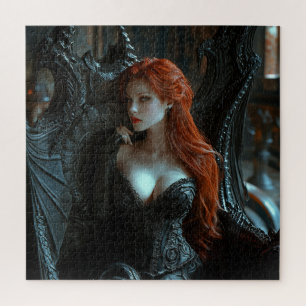 Puzzle Belle femme gothique sur la chaise Dragon