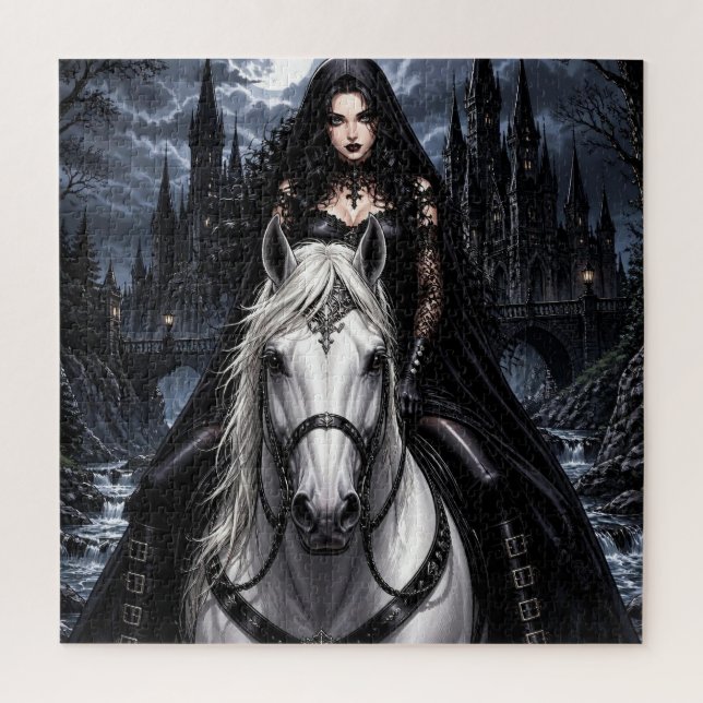 Puzzle Belle femme gothique sur un cheval blanc  (Vertical)
