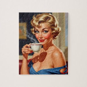 Puzzle Belle femme rétro avec une tasse de café