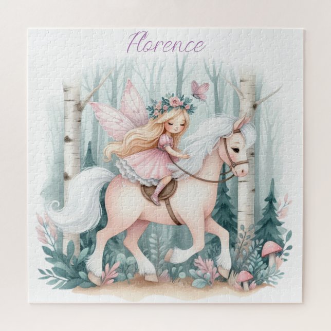 Puzzle Belle fille fée chevauchant dans une forêt enchant (Horizontal)