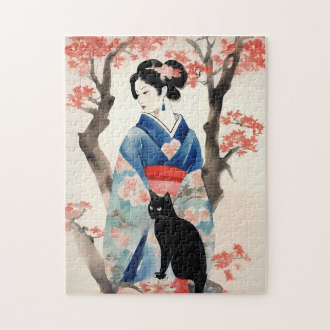 Puzzle Belle fille japonaise avec un chat noir (Vertical)