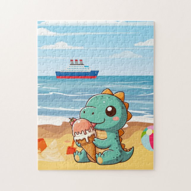 Puzzle Belle glace manger dino à la plage (Vertical)