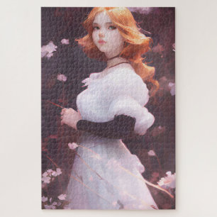 Puzzle Belle Jeune Fille Parmi Les Fleurs Roses Portrait
