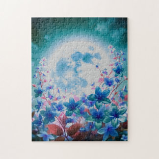 Puzzle Belle Lune Bleue avec Fleurs
