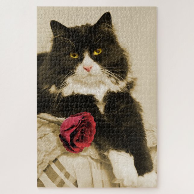 Puzzle Belle Tuxedo Chat avec Rose rouge sur Sepia (Vertical)