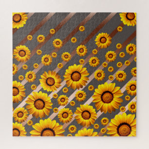 Puzzle Belles fleurs jaunes sur gris, rayures marron