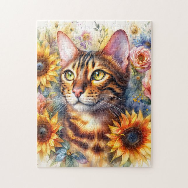 Puzzle Bengal Cat Floral Watercolor (Vertical)