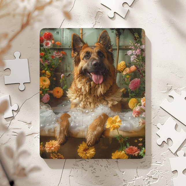 Puzzle Berger allemand dans la baignoire | Cadeau berger  (Whimsical German Shepherd in a beautiful bathroom filled with flowers)
