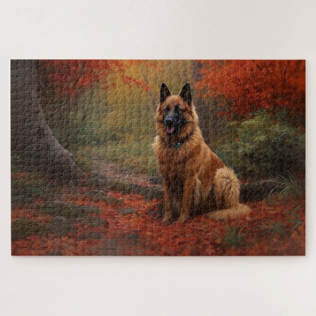 Puzzle Berger Belge dans les feuilles d'automne qui tombe (Horizontal)