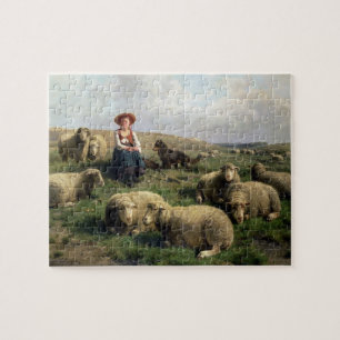 Puzzle Bergère avec des moutons dans un paysage