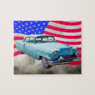 Puzzle Berline 1956 Deville Cadillac et drapeau américain