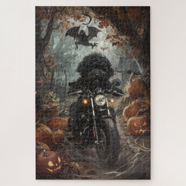 Puzzle Bernedoodle à moto Halloween effrayant (Vertical)