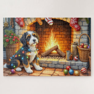 Puzzle Bernedoodle Cheminée avec Lumières de Noël