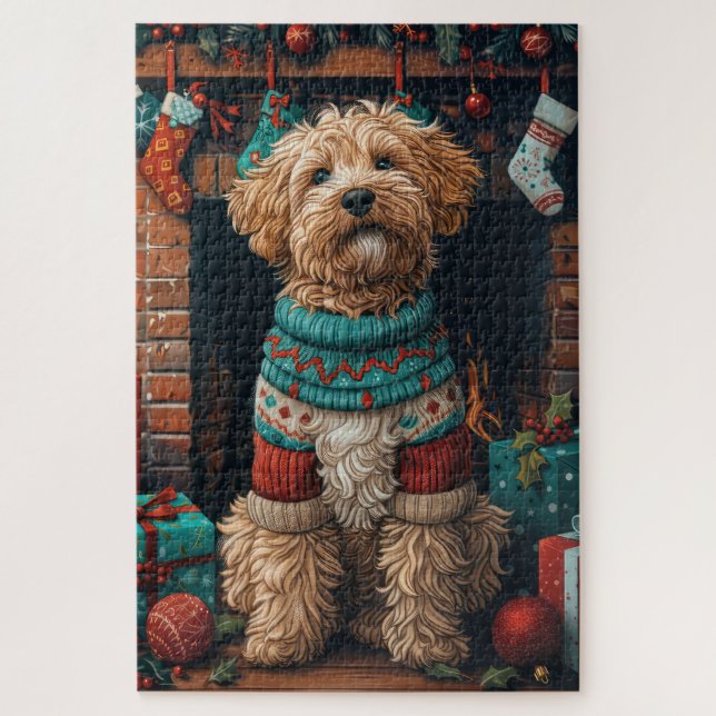 Puzzle Bernedoodle Chien avec Cheminée de Cadeaux de Noël (Vertical)
