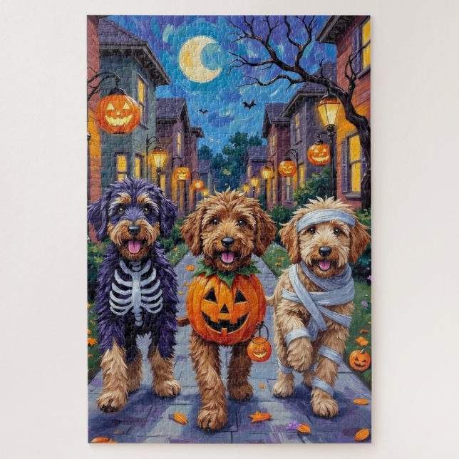 Puzzle Bernedoodle Dogs Trick or Treating in Halloween Co (Vertical)