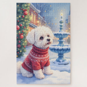 Puzzle Bichon Frise à l'aquarelle Fontaine festive Noël