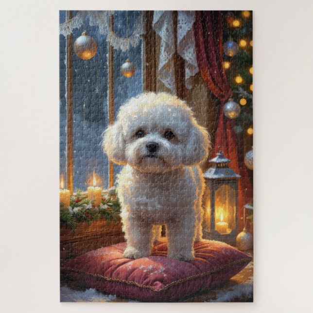 Puzzle Bichon Frisé avec lumières de Noël vacances (Vertical)