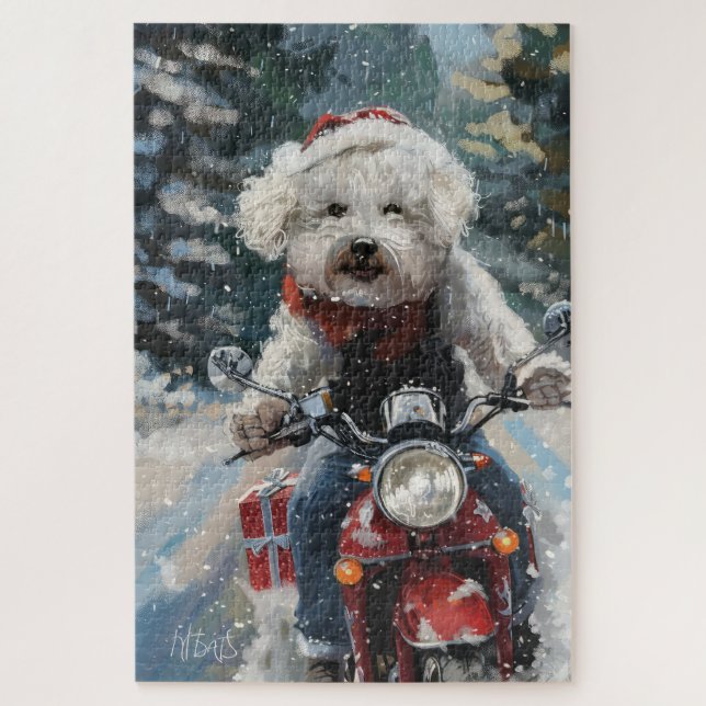 Puzzle Bichon Frise Chien équitation Moto Noël (Vertical)