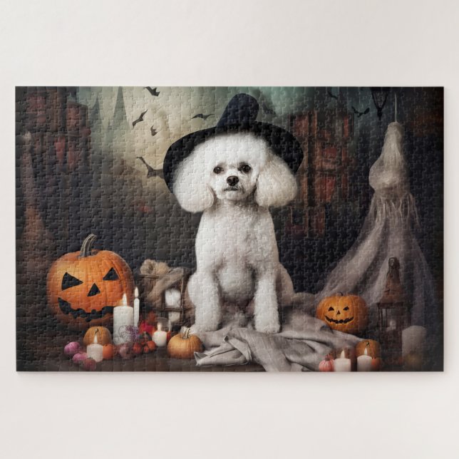 Puzzle Bichon Frise Citrouilles Halloween effrayant (Horizontal)