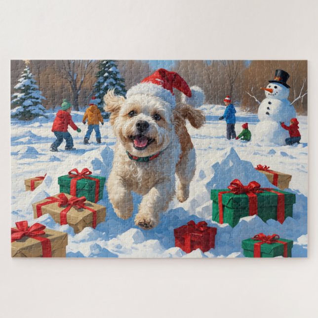 Puzzle Bichon Frise Noël Festive Scène de neige (Horizontal)