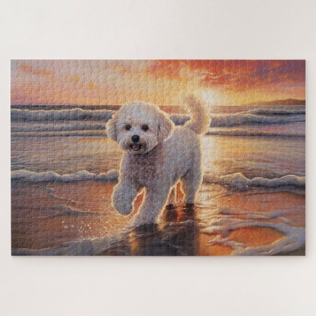 Puzzle Bichon Frise Sandy Paws sur la plage au coucher du (Horizontal)