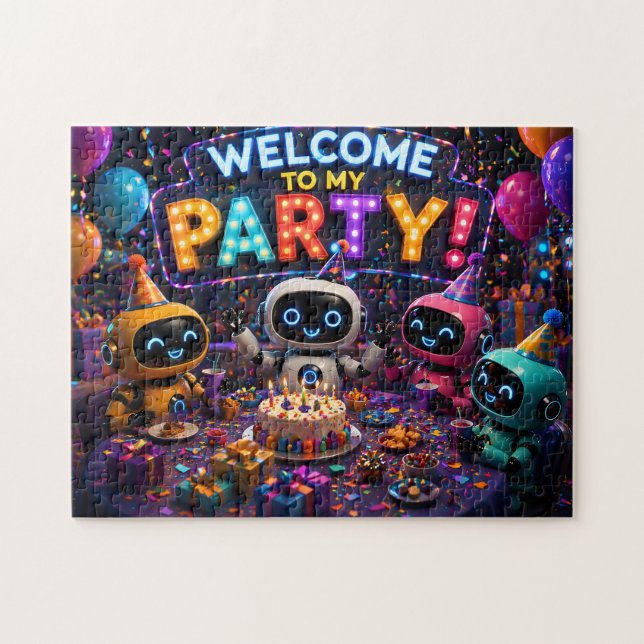 Puzzle Bienvenue à ma fête, casse-tête de robot mignon (Horizontal)