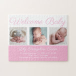 Puzzle Bienvenue Bébé Bleu mignon Nouveau-né Cadeau photo<br><div class="desc">Bienvenue bébé. Un cadeau classique de faire-part de naissance photo fille en rose joli avec une belle typographie cursive au-dessus de votre collage photo de nouveau-né doux.</div>