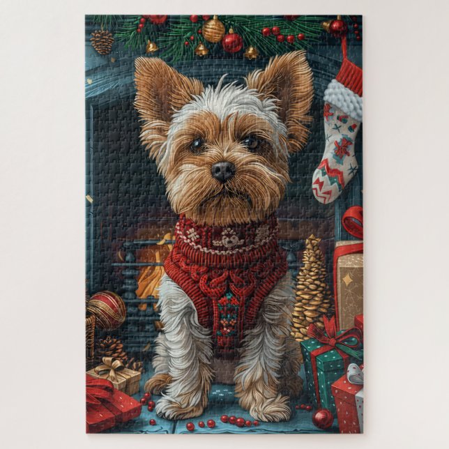 Puzzle Biewer Terrier Chien avec Cheminée Cadeaux de Noël (Vertical)