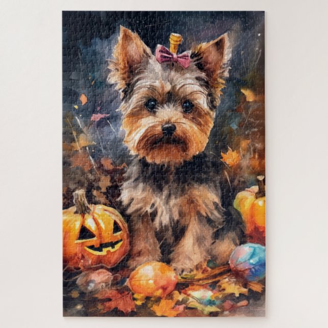 Puzzle Biewer Terrier d'Halloween avec citrouilles effray (Vertical)