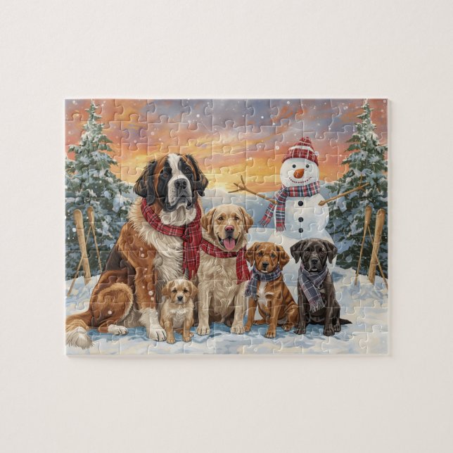 Puzzle Big Dogs Small Dogs Winter Snowman Art (Horizontal)